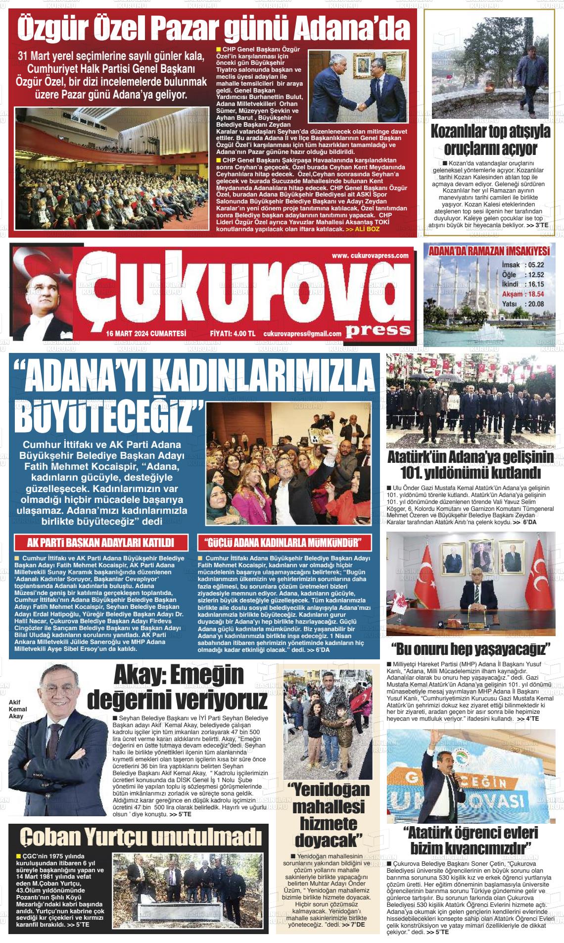 16 Mart 2024 Çukurova Press Gazete Manşeti