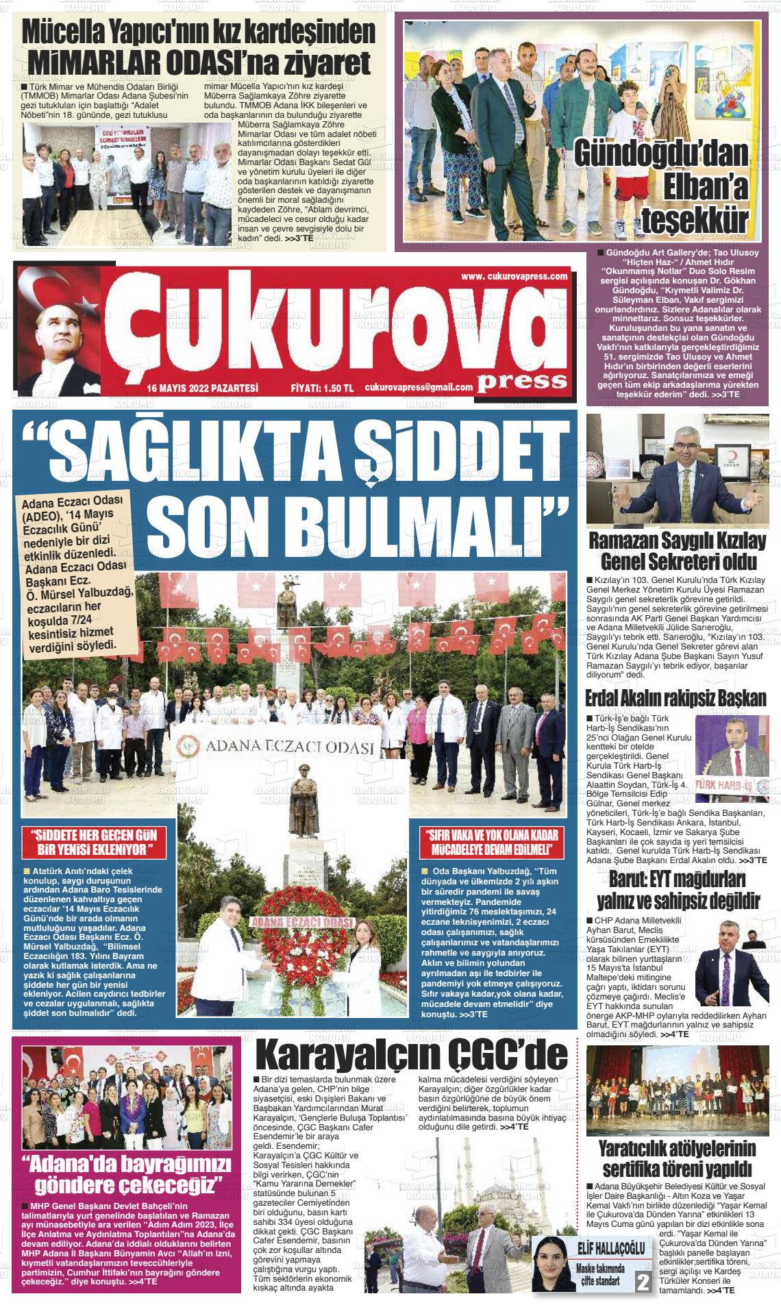 16 Mayıs 2022 Çukurova Press Gazete Manşeti