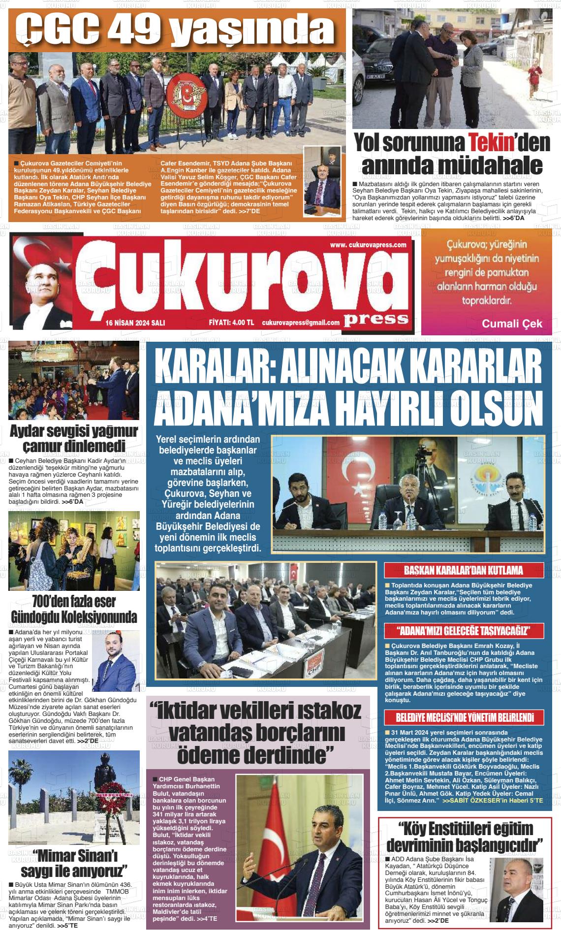 18 Nisan 2024 Çukurova Press Gazete Manşeti