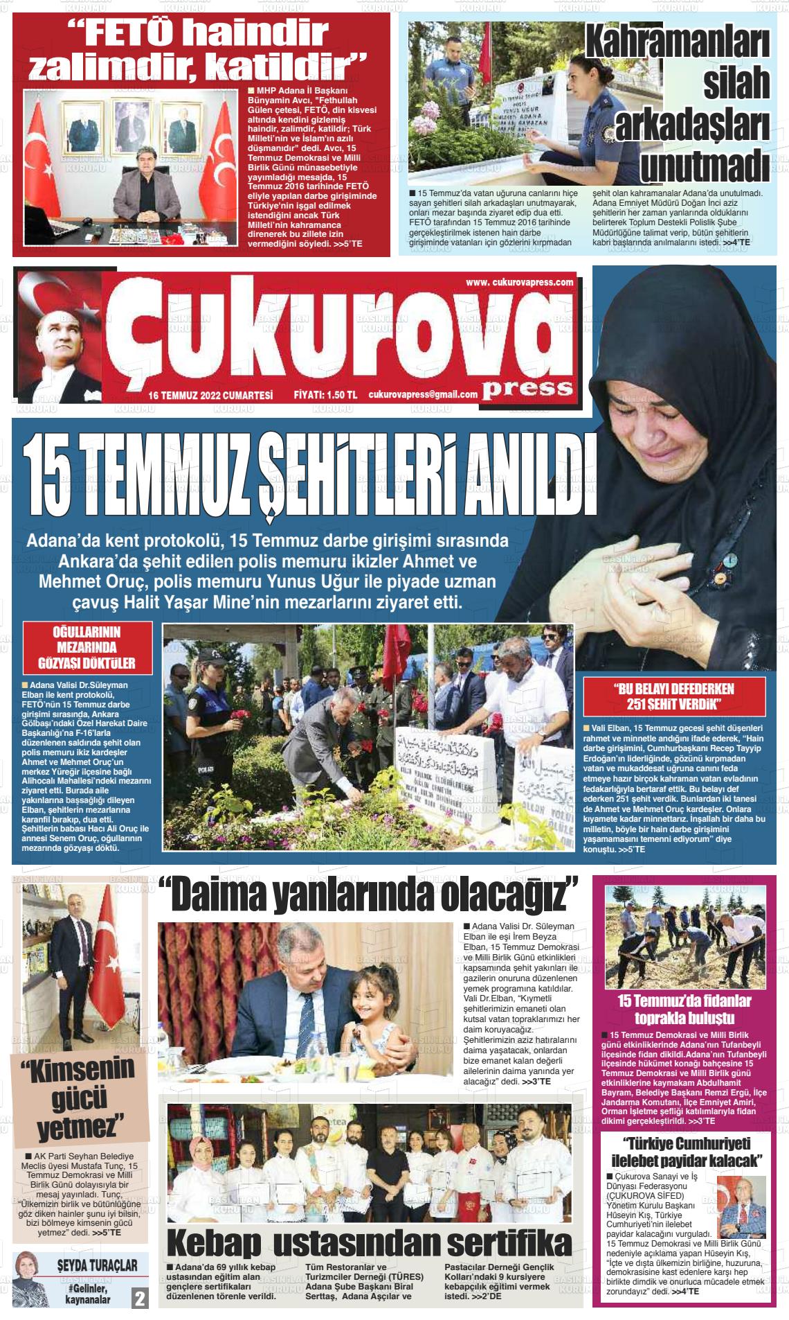 16 Temmuz 2022 Çukurova Press Gazete Manşeti