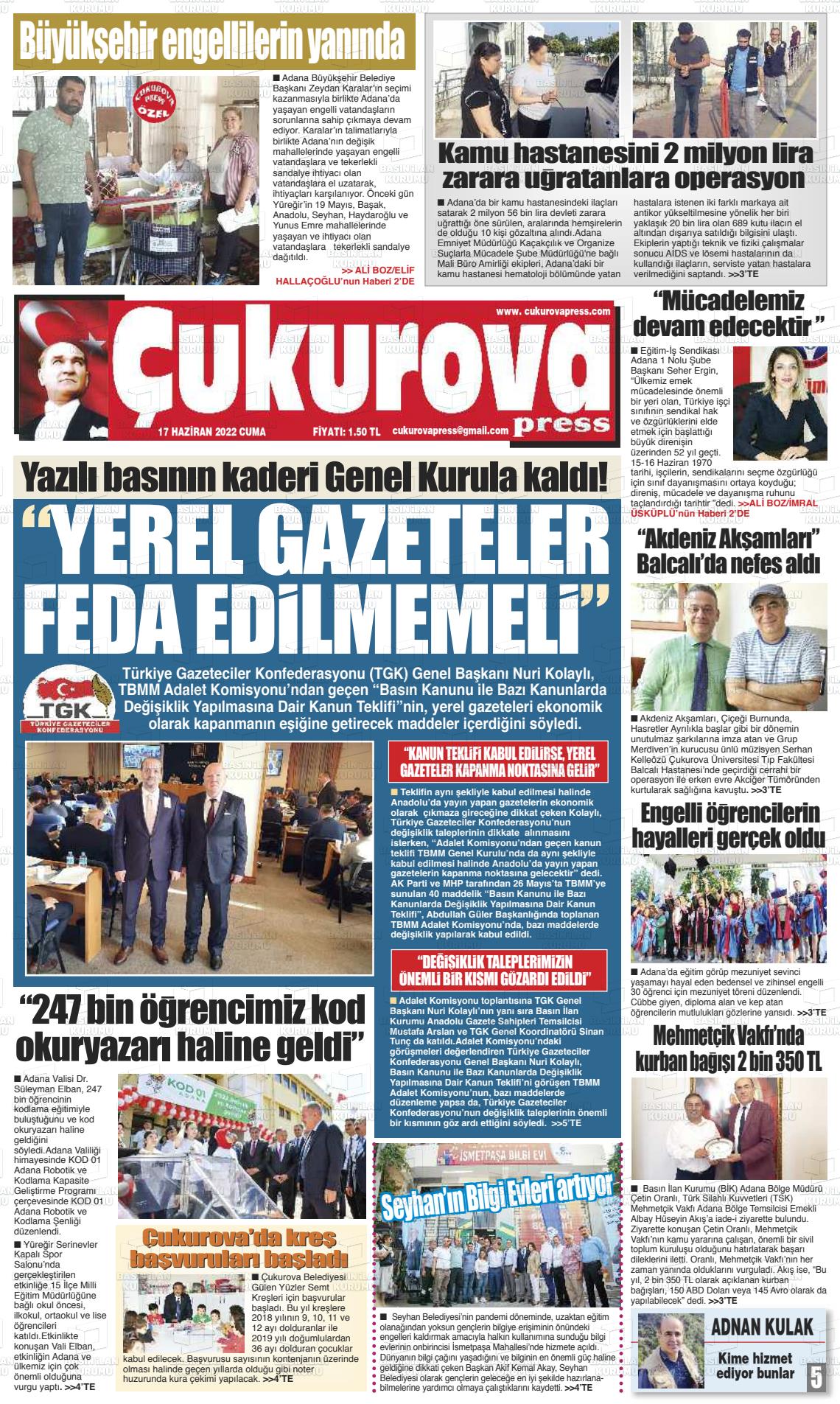 17 Haziran 2022 Çukurova Press Gazete Manşeti