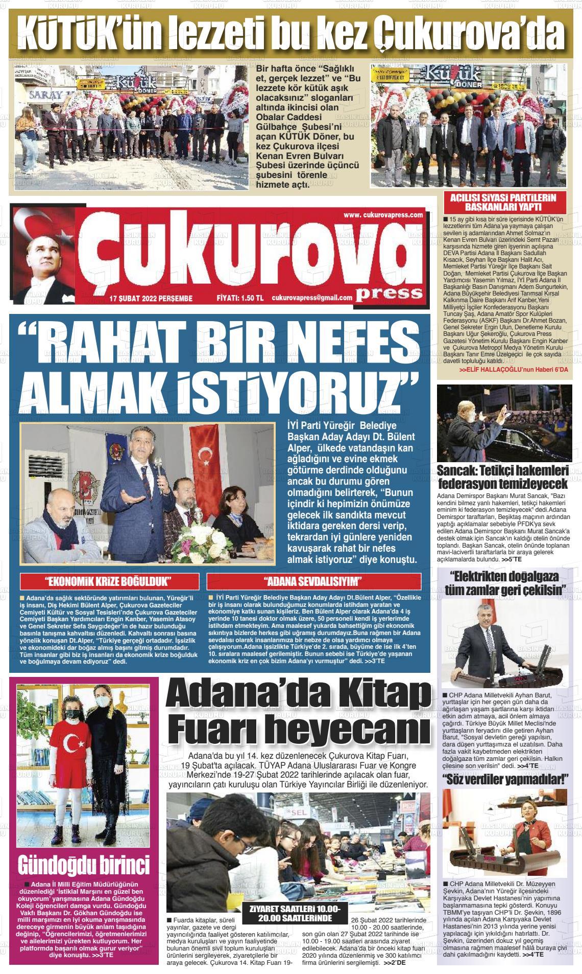 17 Şubat 2022 Çukurova Press Gazete Manşeti