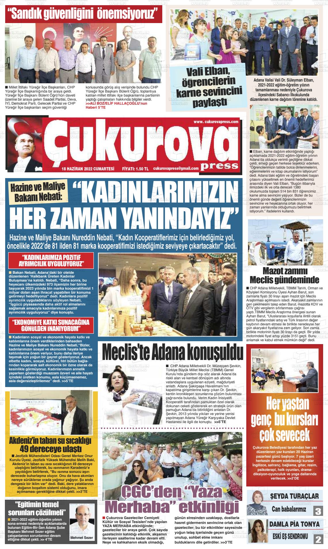 18 Haziran 2022 Çukurova Press Gazete Manşeti