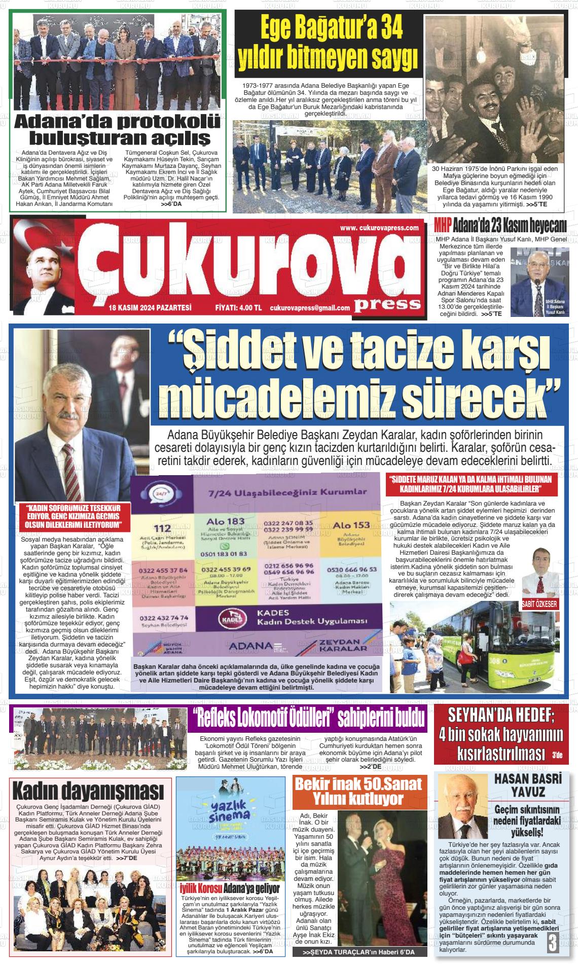 18 Kasım 2024 Çukurova Press Gazete Manşeti