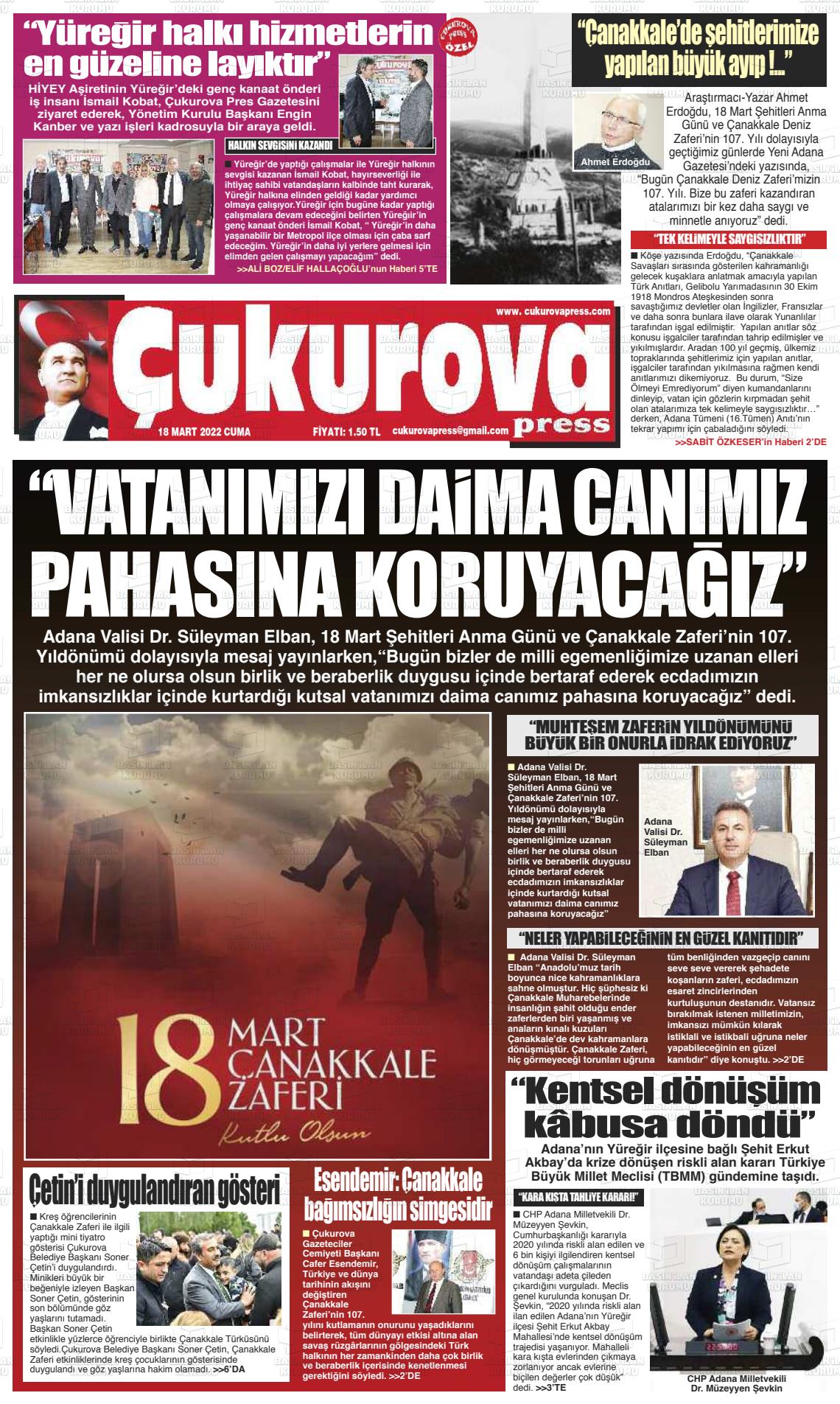 18 Mart 2022 Çukurova Press Gazete Manşeti