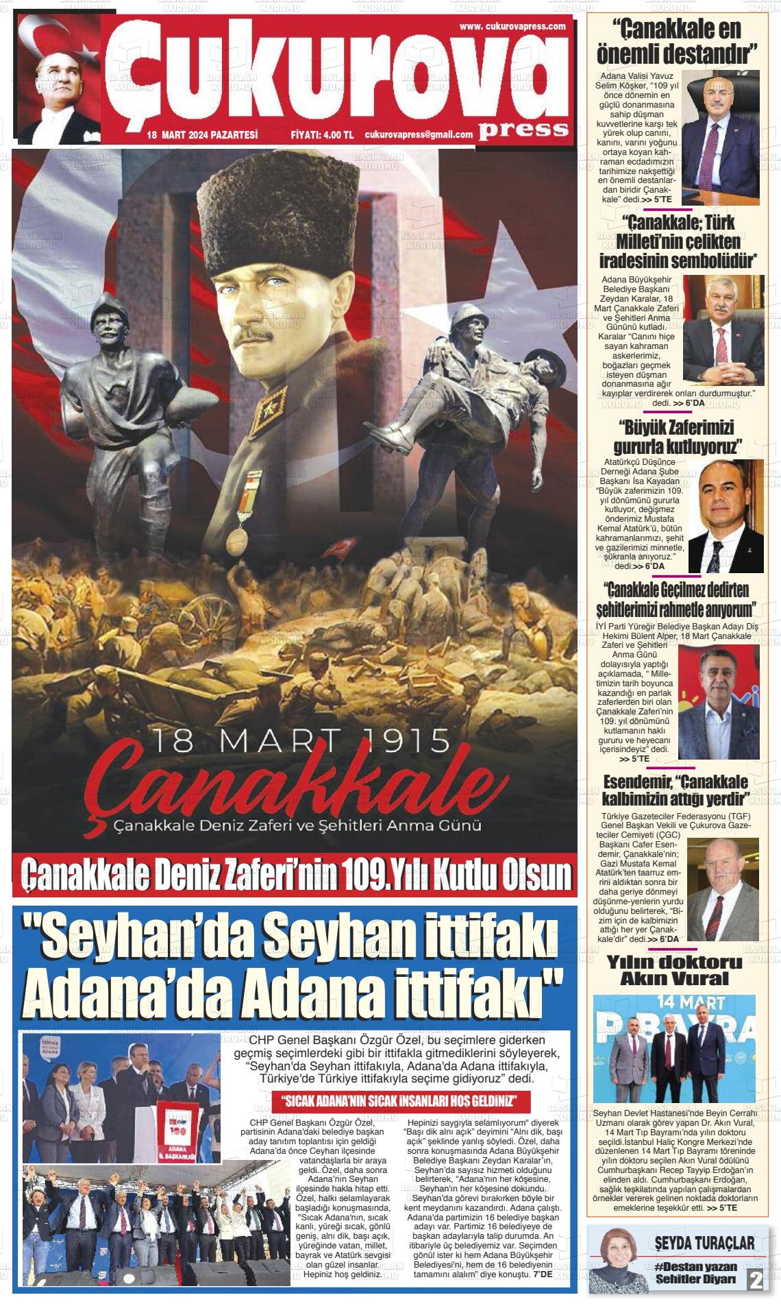 18 Mart 2024 Çukurova Press Gazete Manşeti