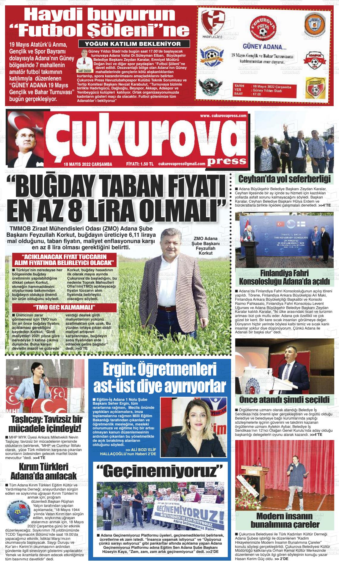 18 Mayıs 2022 Çukurova Press Gazete Manşeti