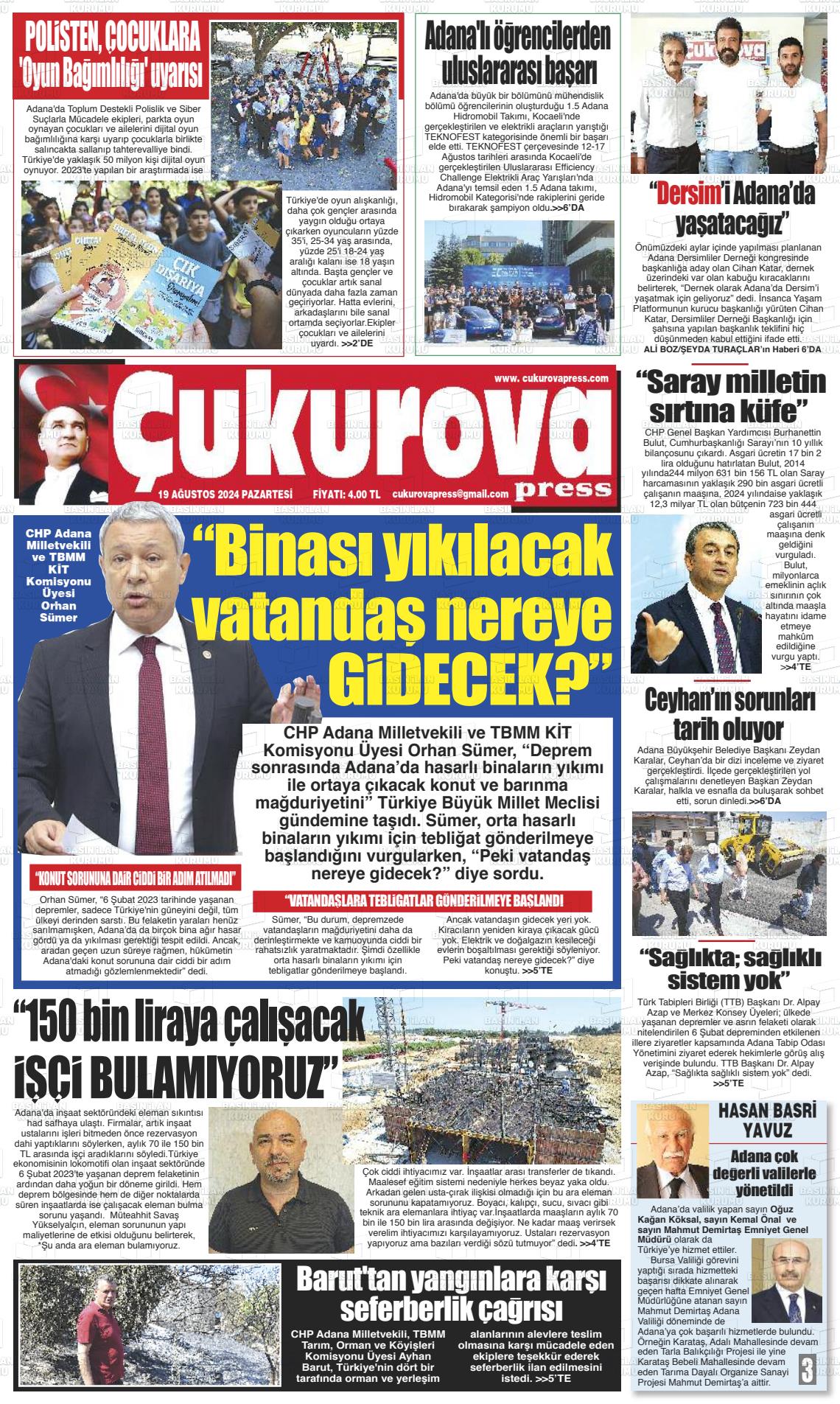 19 Ağustos 2024 Çukurova Press Gazete Manşeti