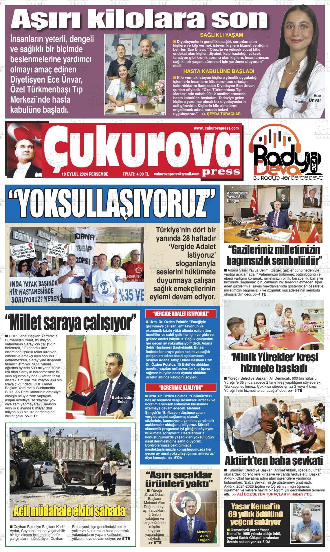 19 Eylül 2024 Çukurova Press Gazete Manşeti