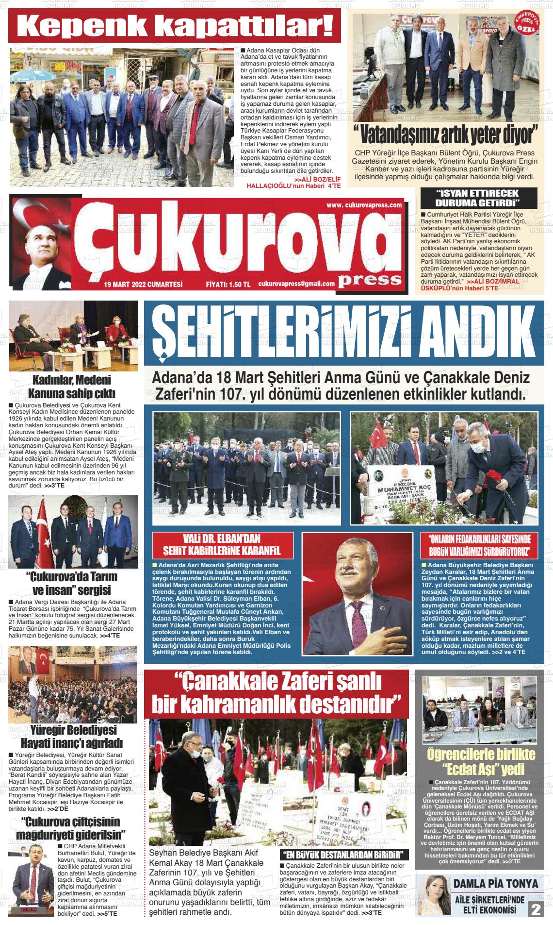 19 Mart 2022 Çukurova Press Gazete Manşeti