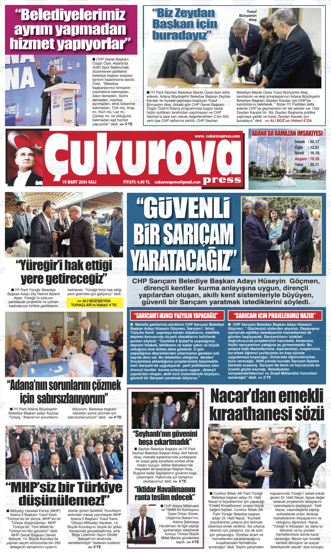 19 Mart 2024 Çukurova Press Gazete Manşeti