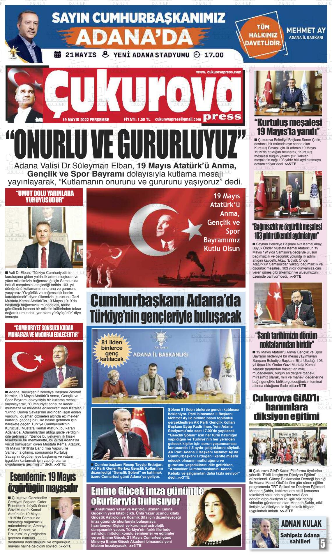 19 Mayıs 2022 Çukurova Press Gazete Manşeti