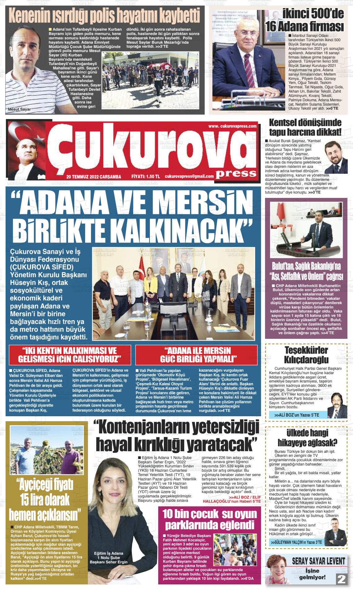 20 Temmuz 2022 Çukurova Press Gazete Manşeti