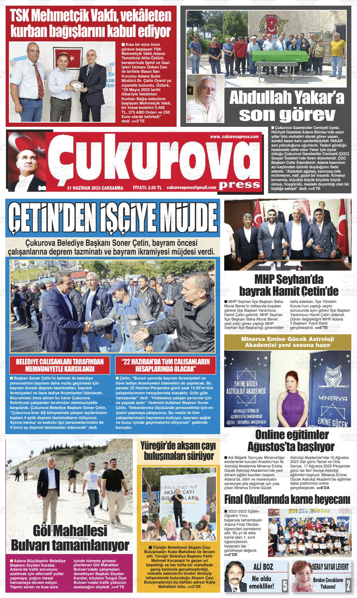 21 Haziran 2023 Çukurova Press Gazete Manşeti