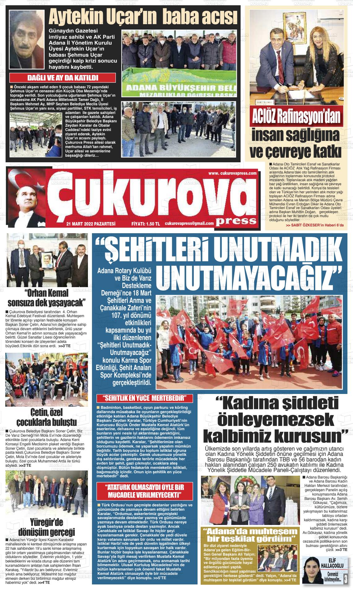 21 Mart 2022 Çukurova Press Gazete Manşeti