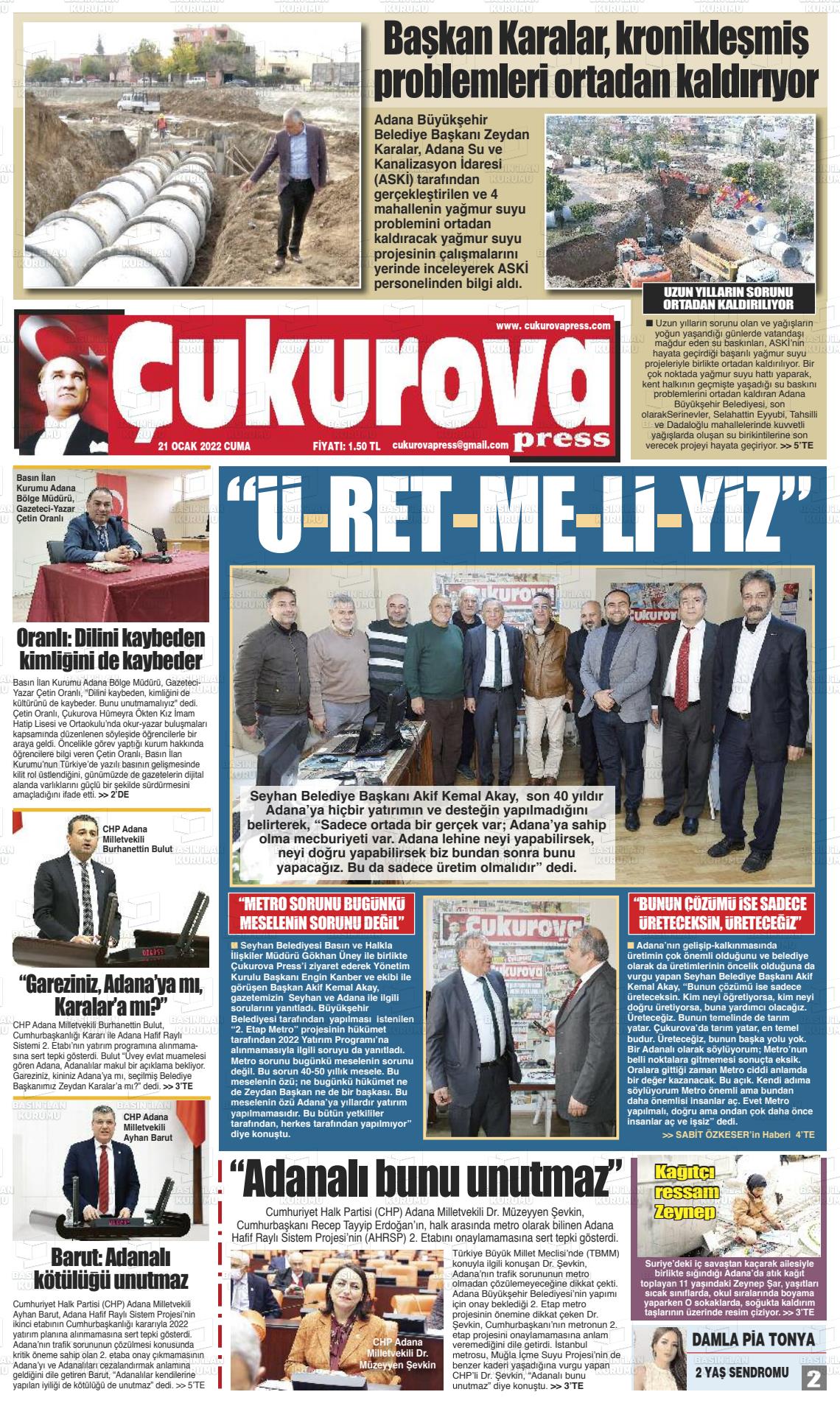 21 Ocak 2022 Çukurova Press Gazete Manşeti