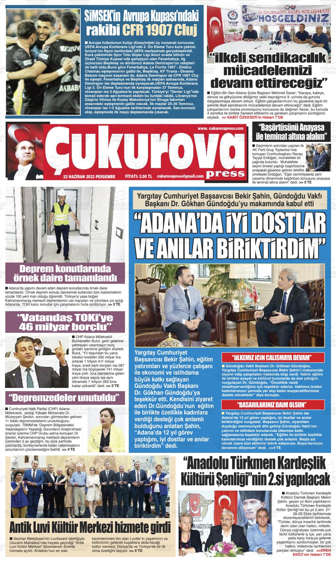 22 Haziran 2023 Çukurova Press Gazete Manşeti