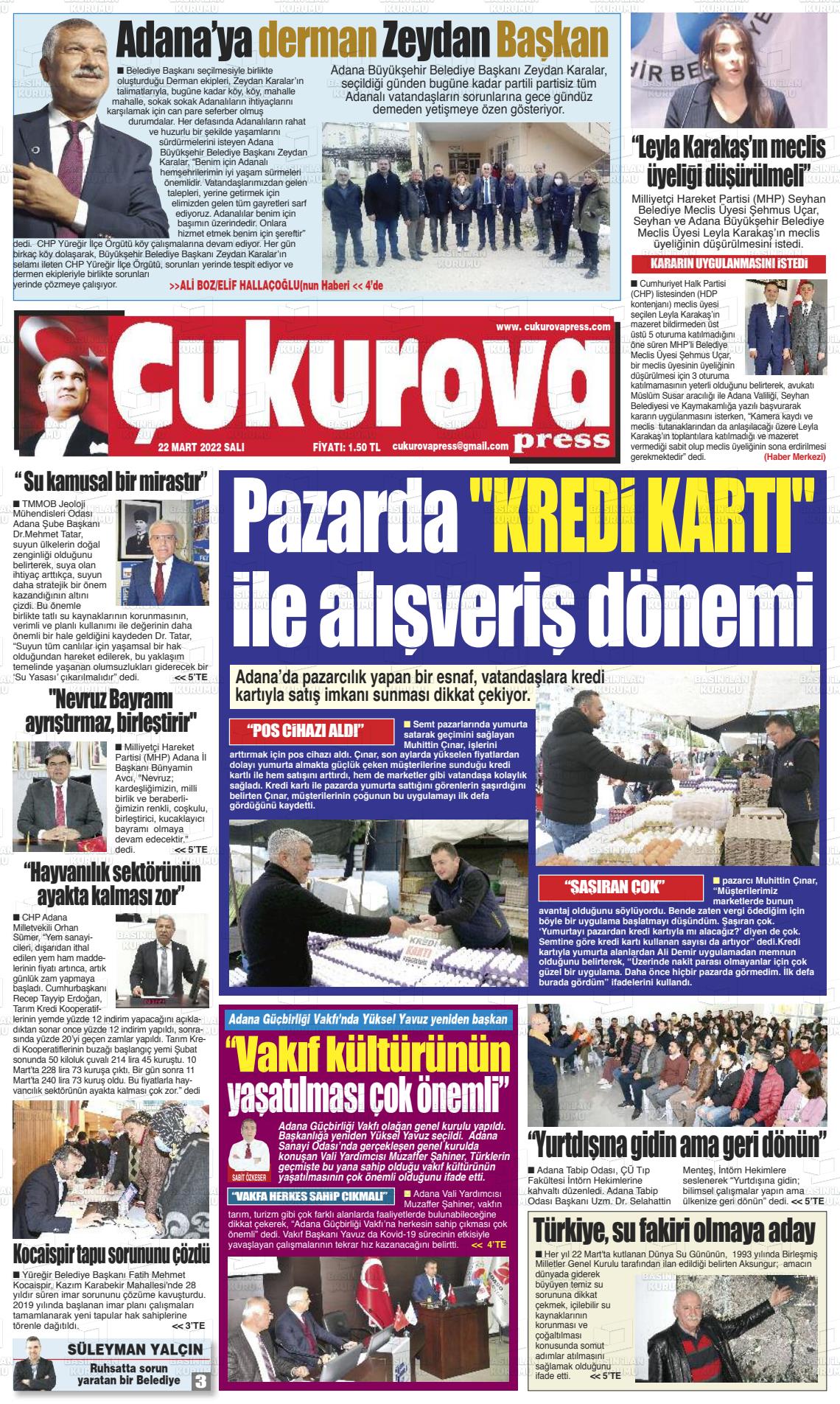 22 Mart 2022 Çukurova Press Gazete Manşeti