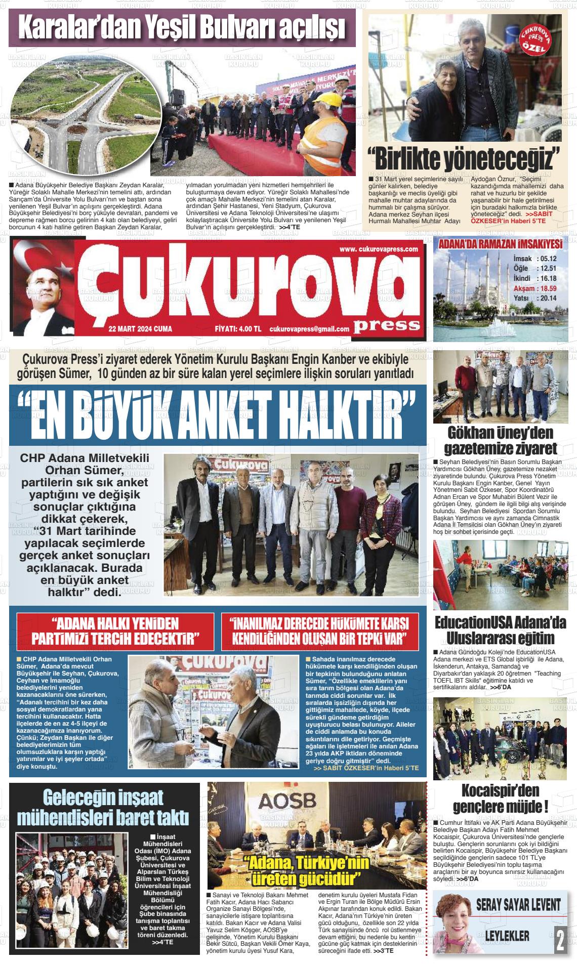 22 Mart 2024 Çukurova Press Gazete Manşeti