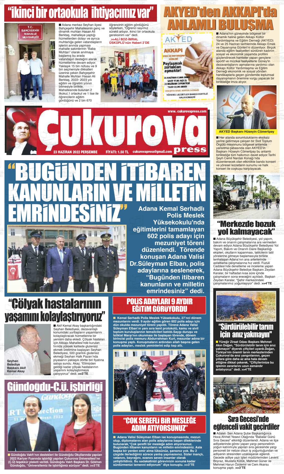 23 Haziran 2022 Çukurova Press Gazete Manşeti