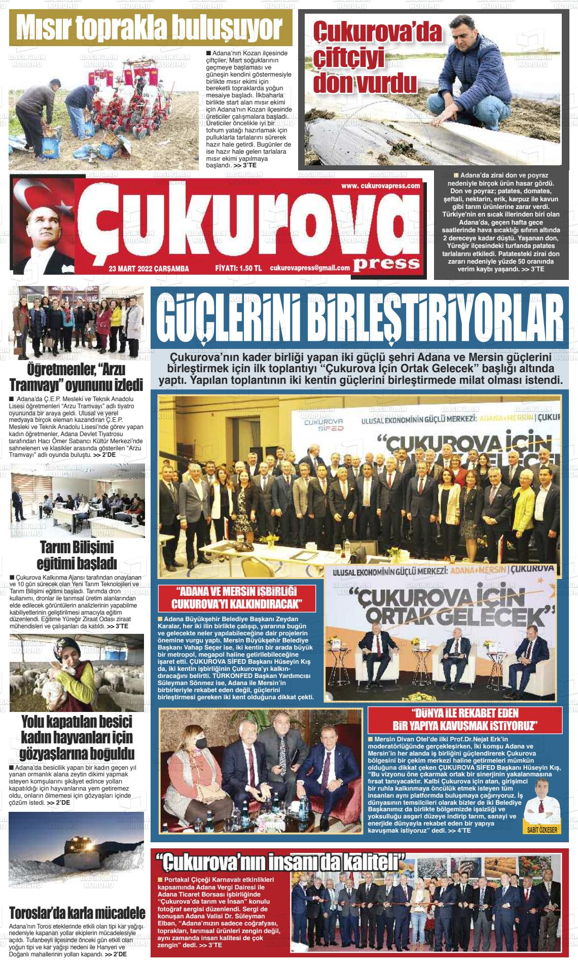 23 Mart 2022 Çukurova Press Gazete Manşeti