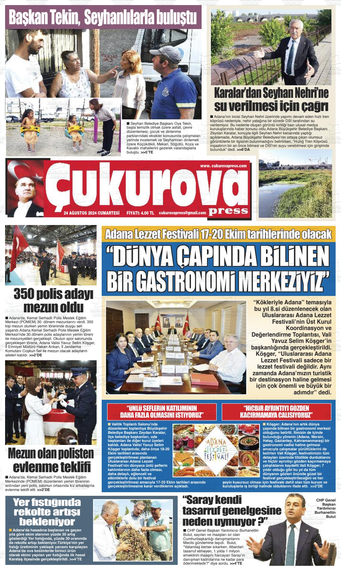 24 Ağustos 2024 Çukurova Press Gazete Manşeti