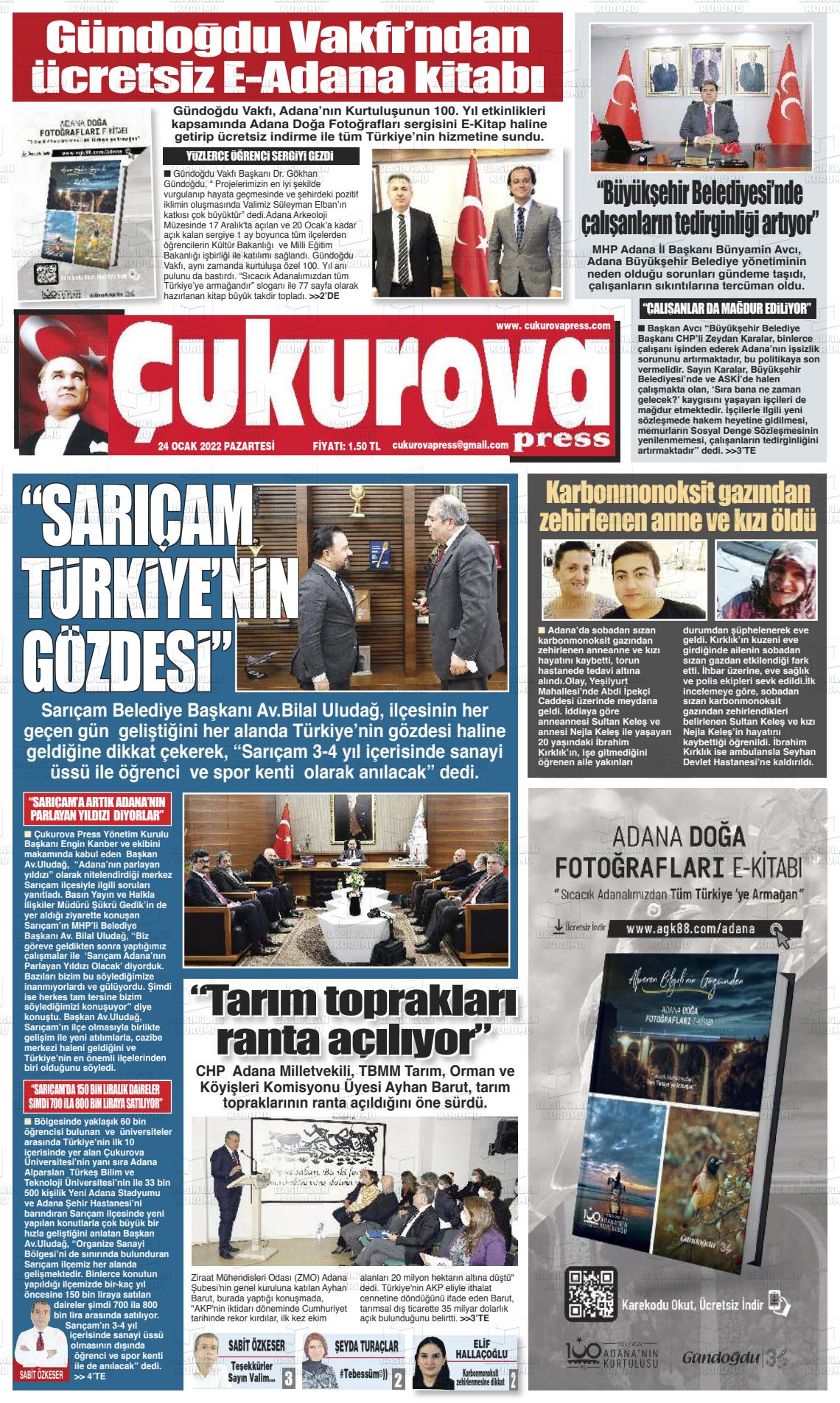 24 Ocak 2022 Çukurova Press Gazete Manşeti