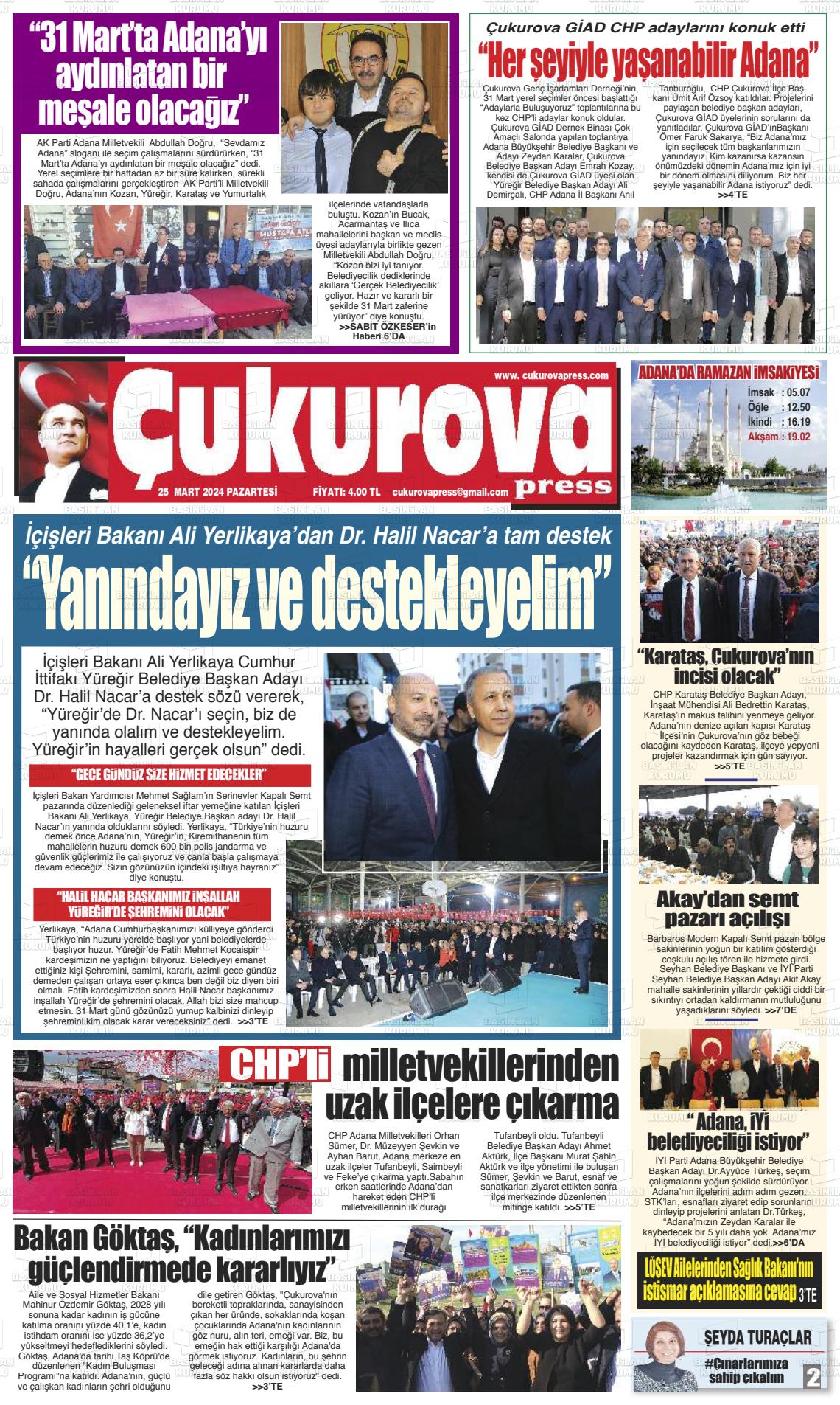 25 Mart 2024 Çukurova Press Gazete Manşeti