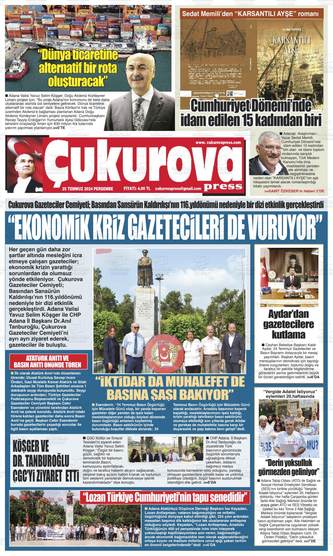 25 Temmuz 2024 Çukurova Press Gazete Manşeti