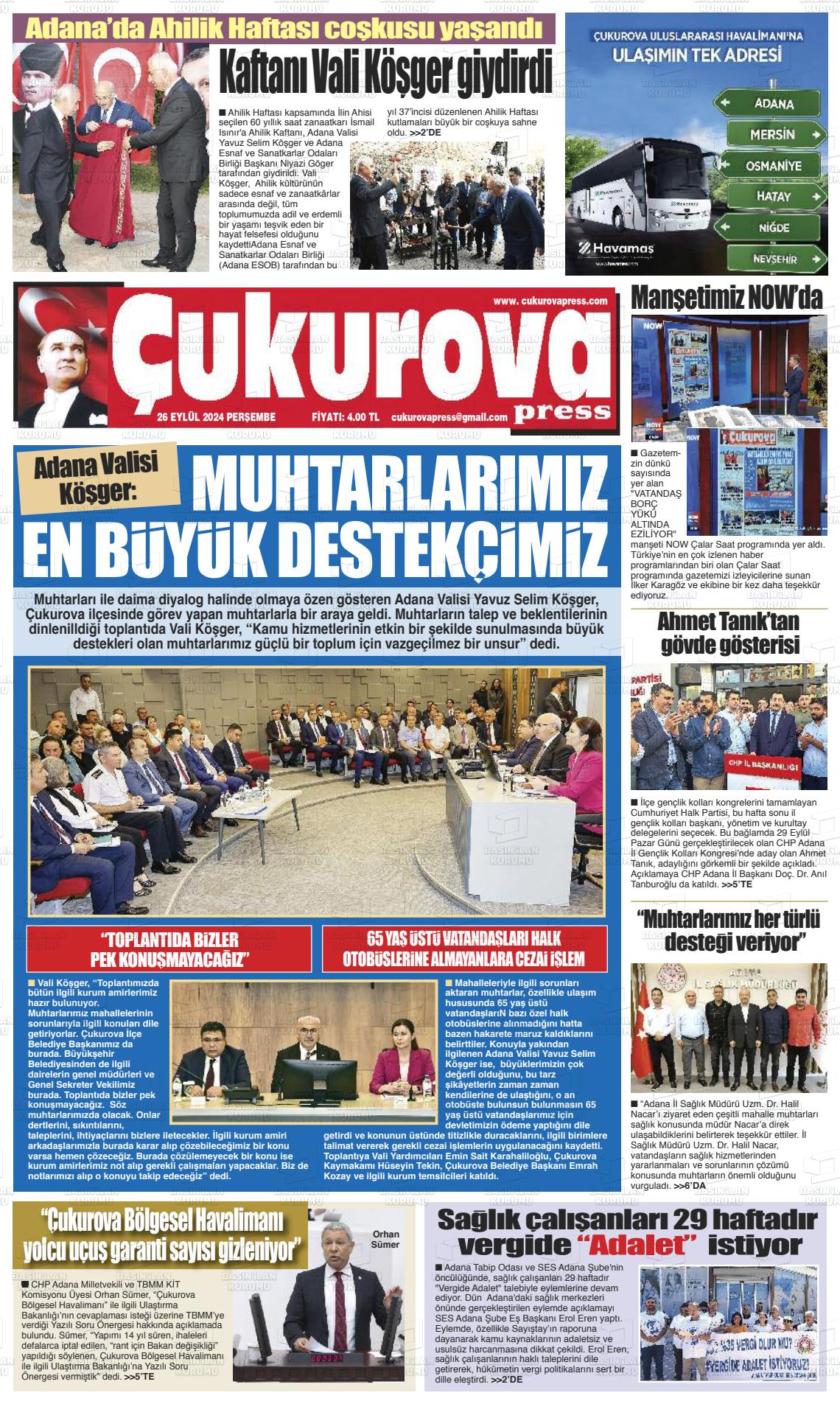 26 Eylül 2024 Çukurova Press Gazete Manşeti