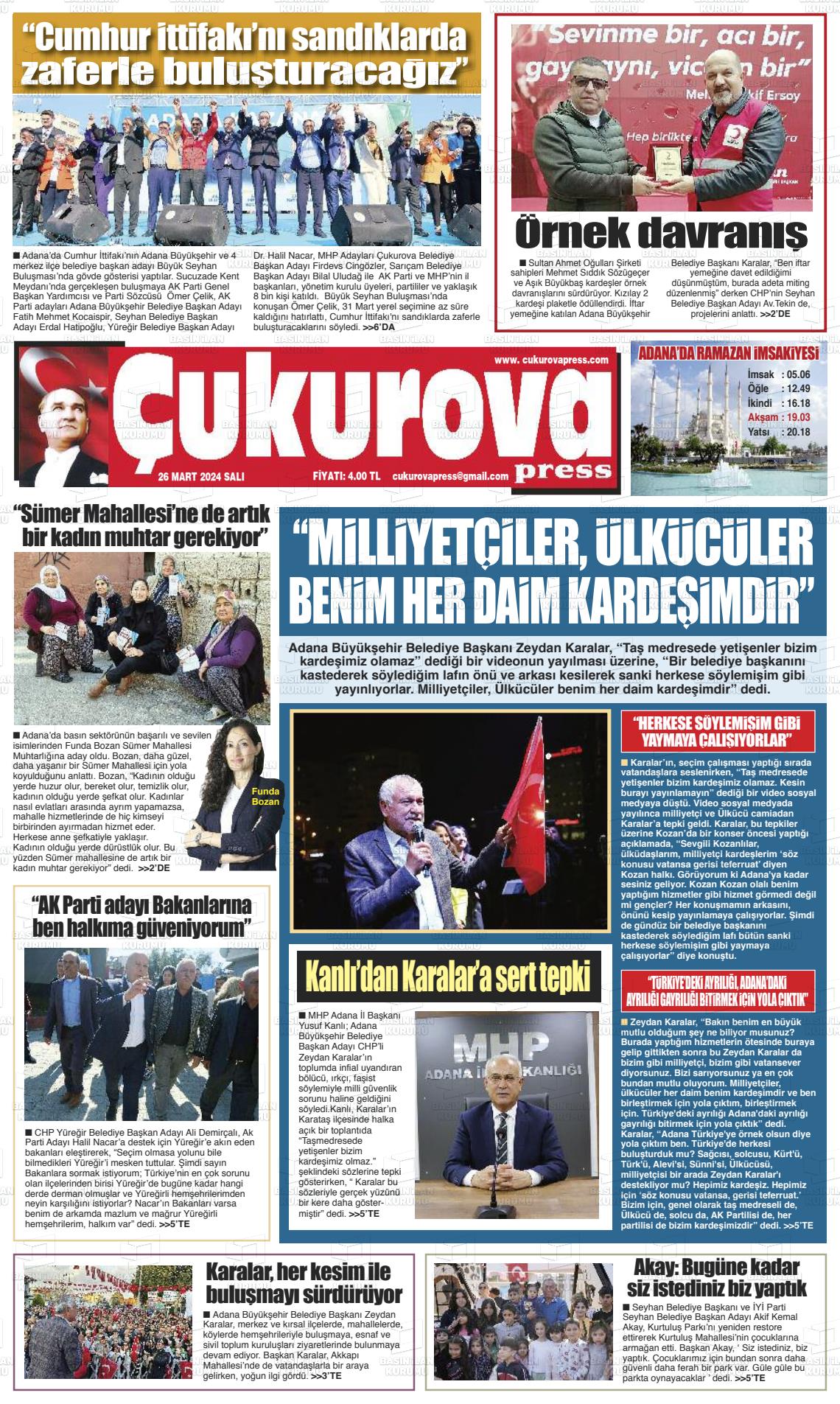 26 Mart 2024 Çukurova Press Gazete Manşeti