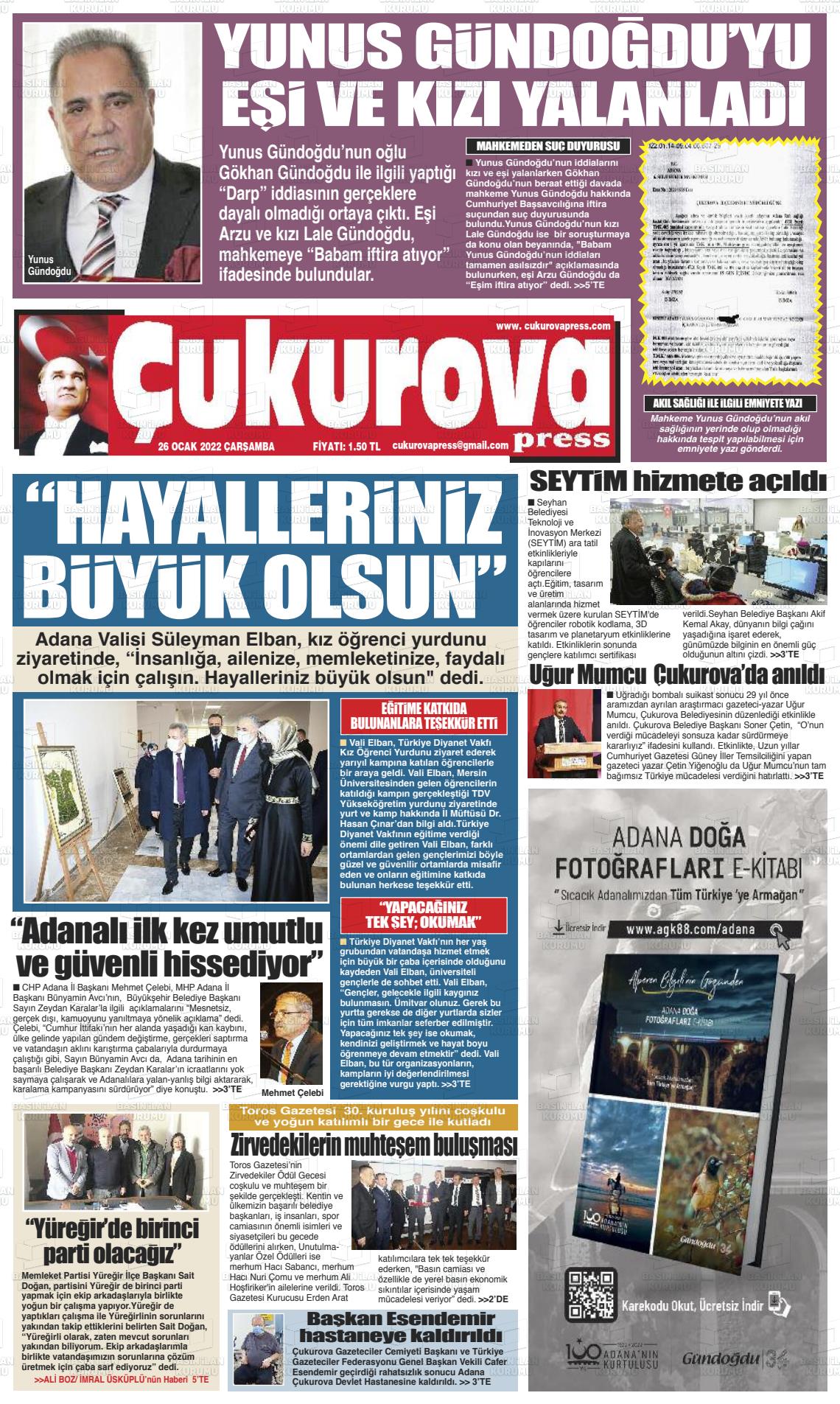 26 Ocak 2022 Çukurova Press Gazete Manşeti