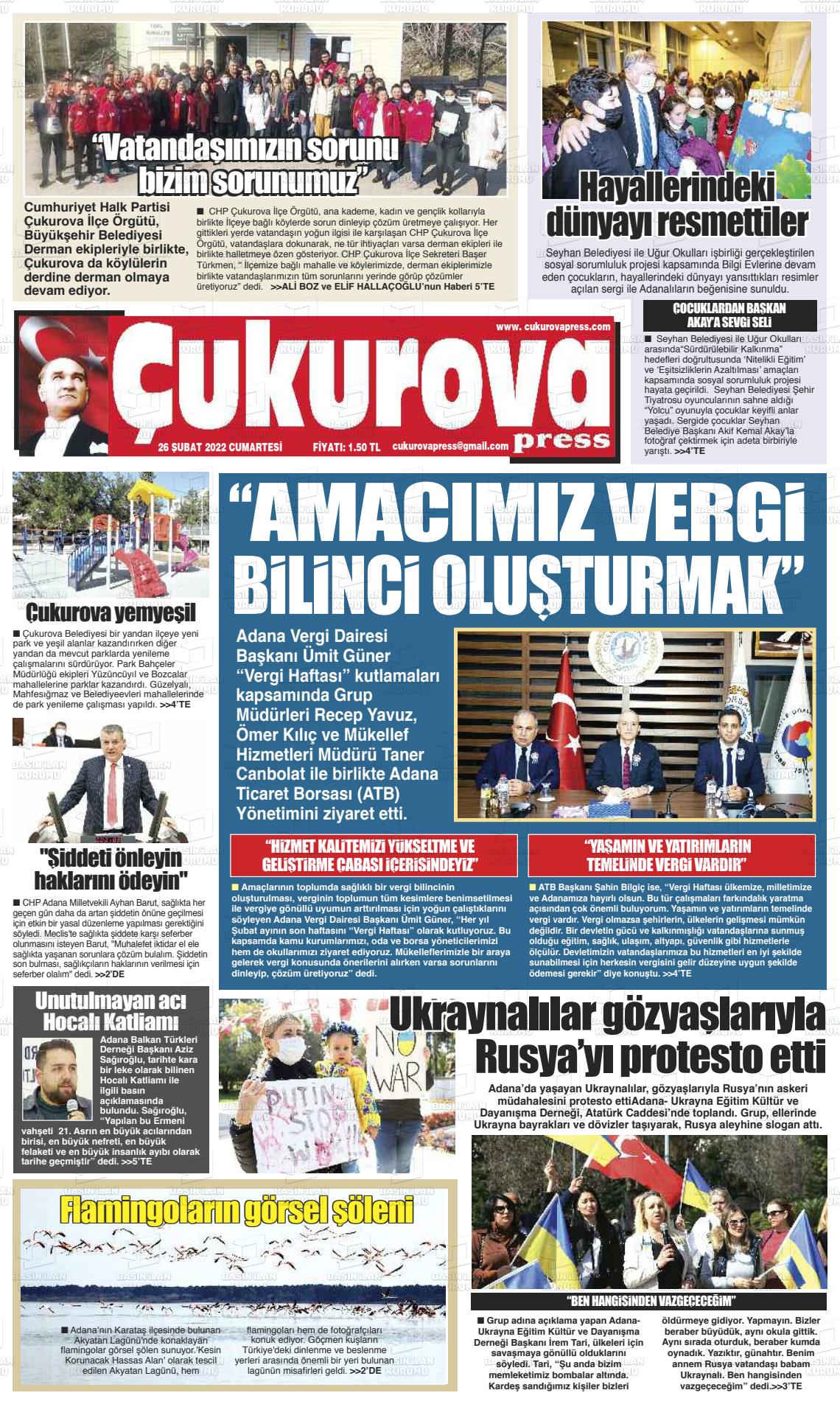 26 Şubat 2022 Çukurova Press Gazete Manşeti