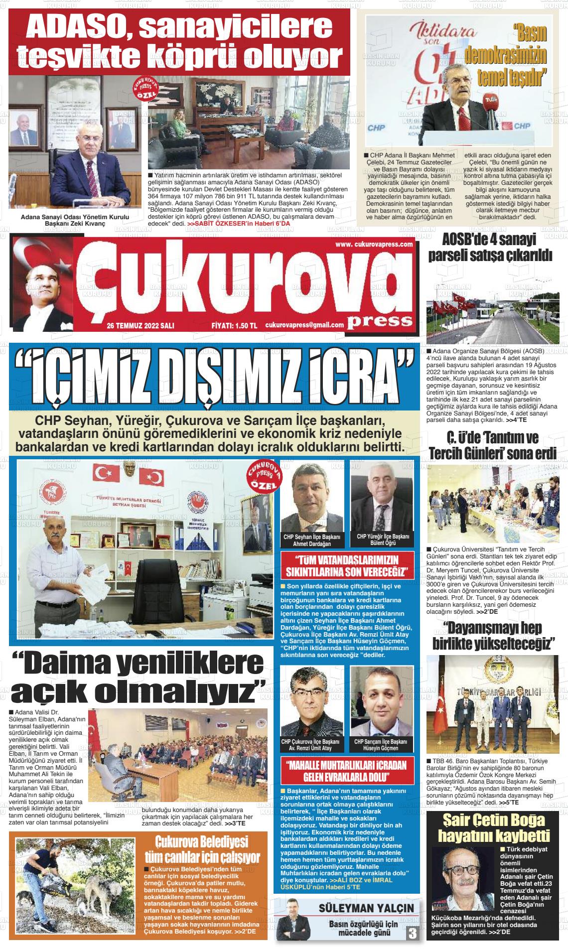 23 Eylül 2022 Çukurova Press Gazete Manşeti