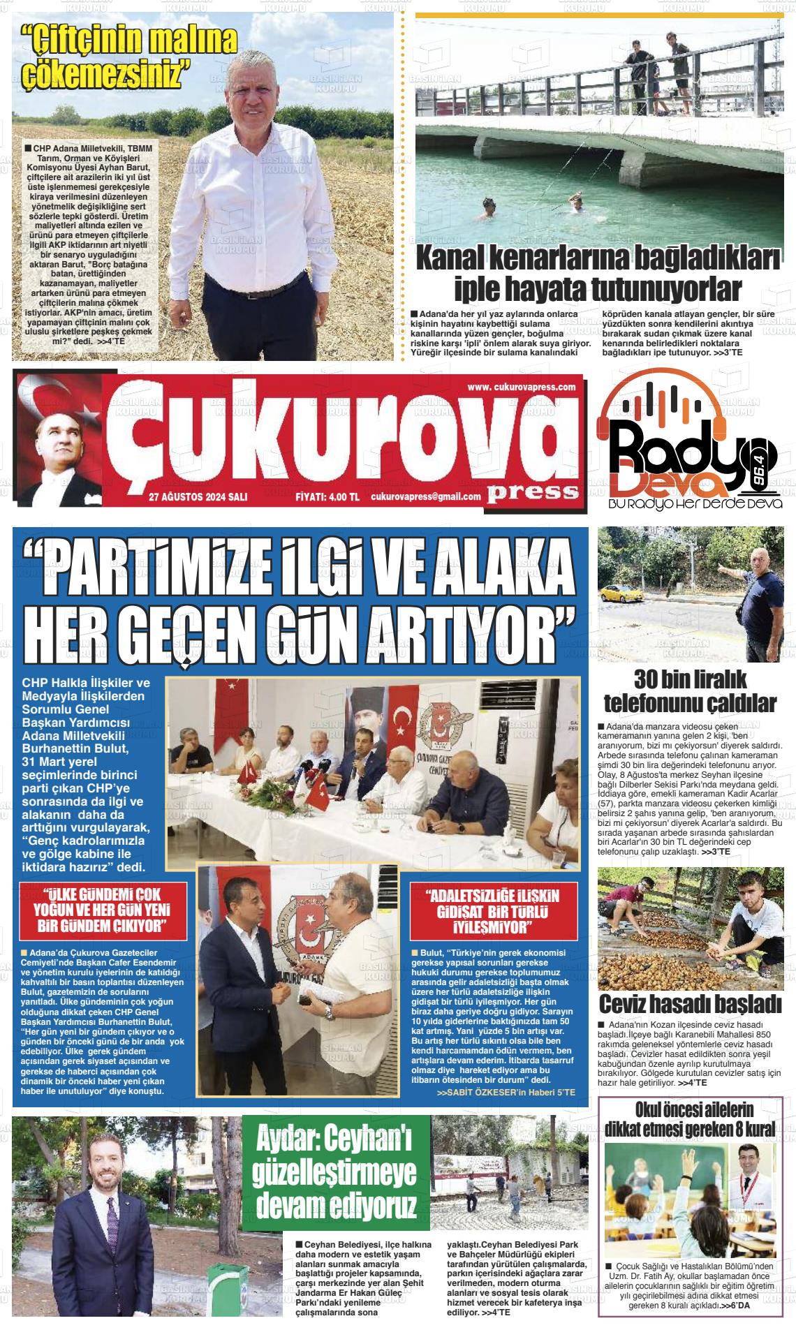 27 Ağustos 2024 Çukurova Press Gazete Manşeti