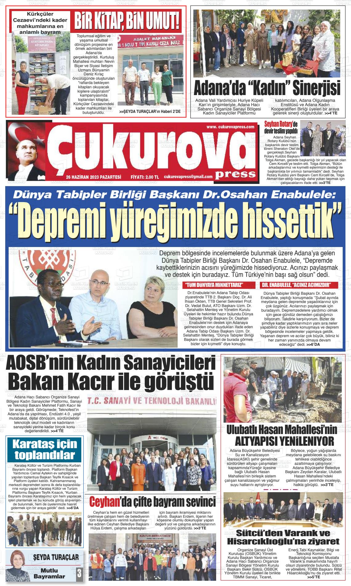 27 Haziran 2023 Çukurova Press Gazete Manşeti