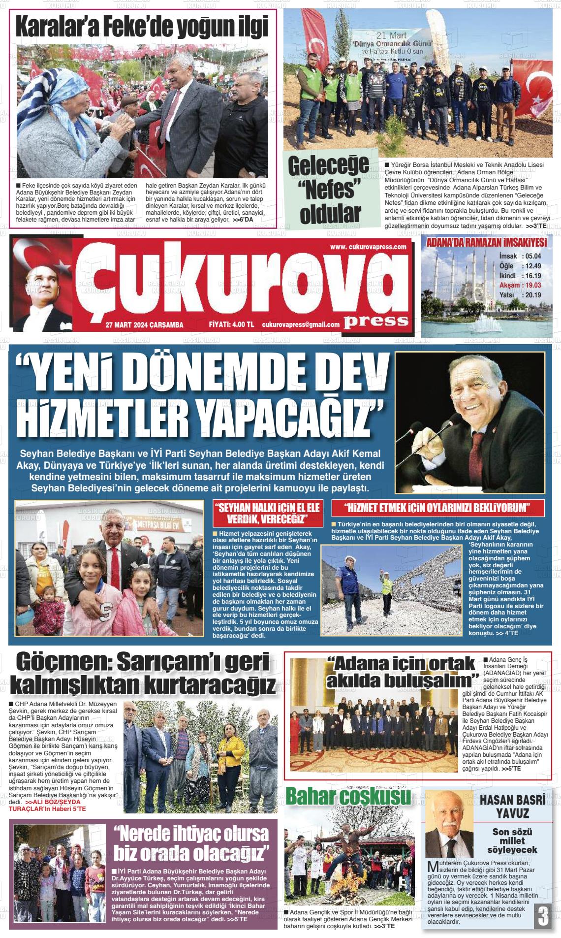 27 Mart 2024 Çukurova Press Gazete Manşeti