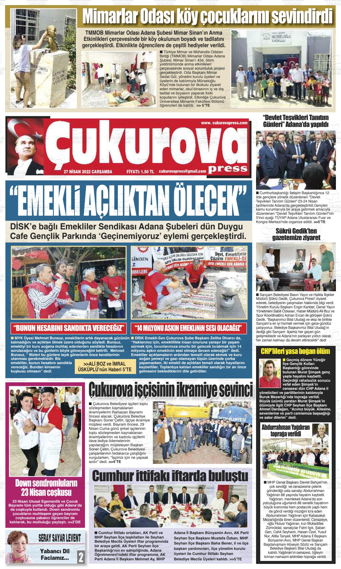 27 Nisan 2022 Çukurova Press Gazete Manşeti