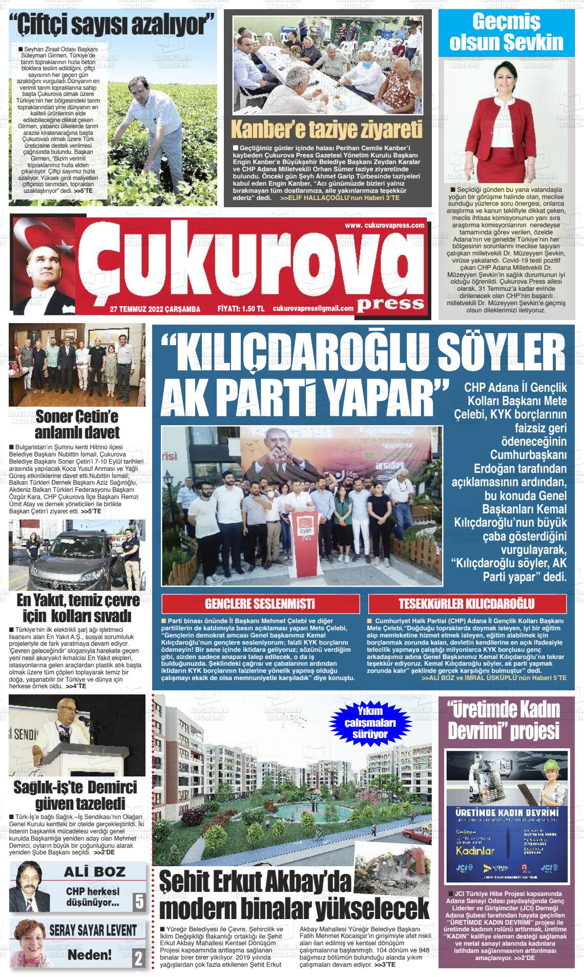 24 Eylül 2022 Çukurova Press Gazete Manşeti