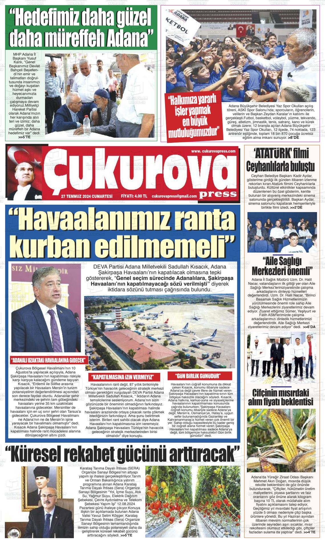 27 Temmuz 2024 Çukurova Press Gazete Manşeti