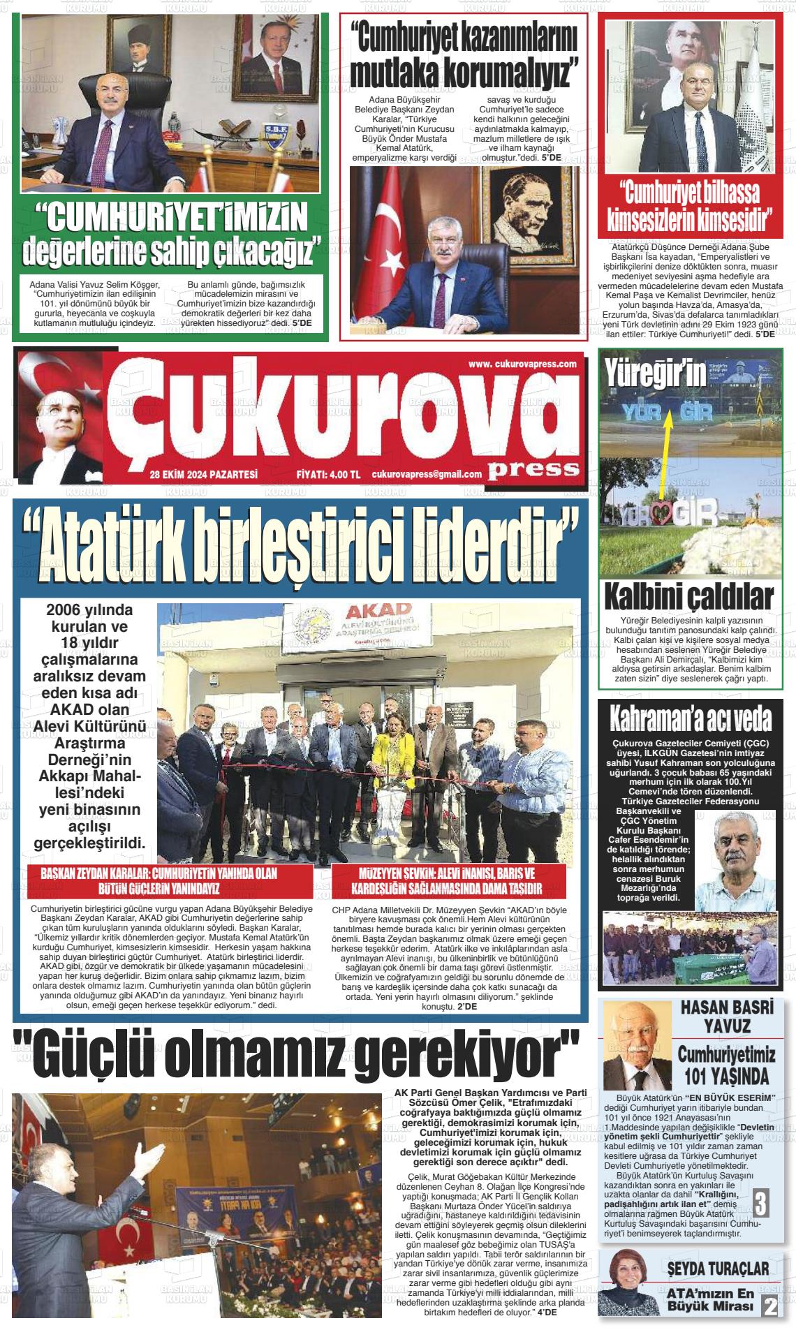 28 Ekim 2024 Çukurova Press Gazete Manşeti