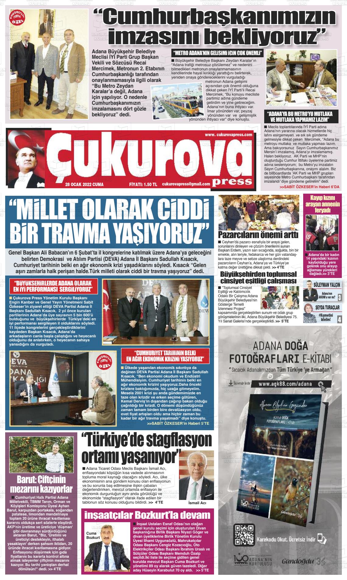 28 Ocak 2022 Çukurova Press Gazete Manşeti