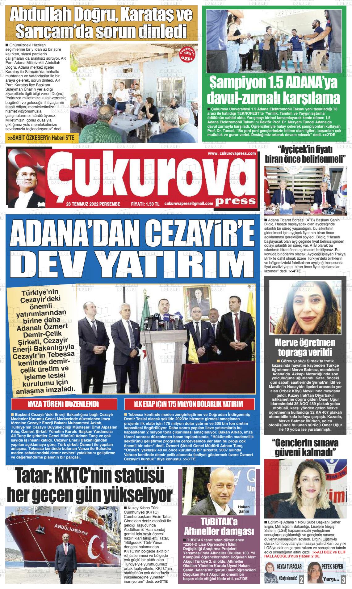 25 Eylül 2022 Çukurova Press Gazete Manşeti