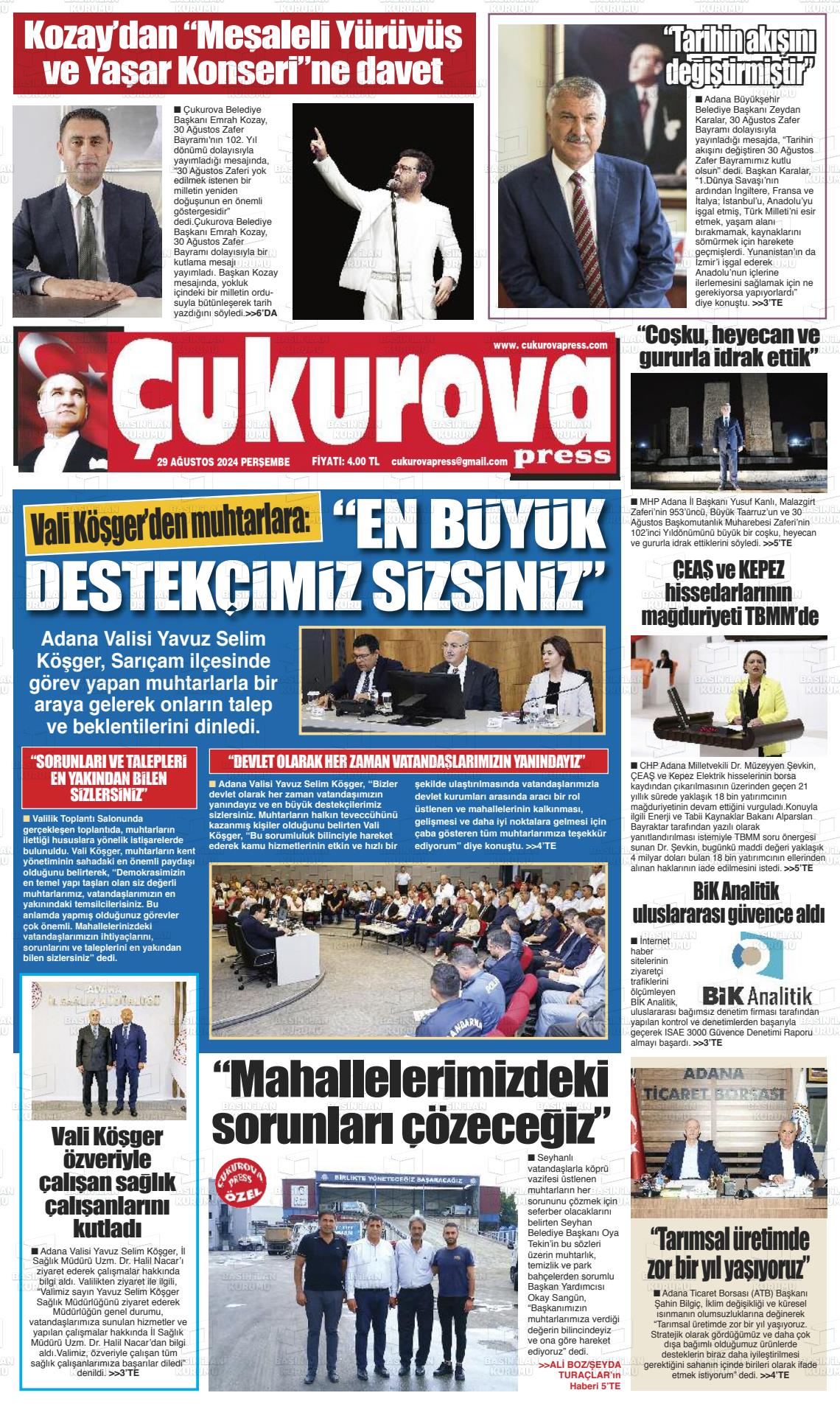 29 Ağustos 2024 Çukurova Press Gazete Manşeti