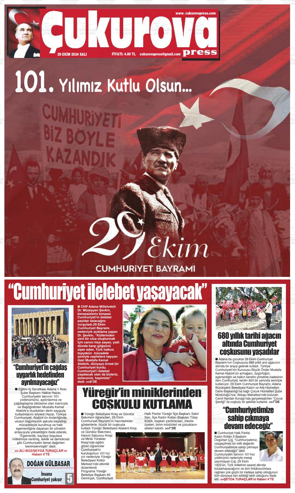 29 Ekim 2024 Çukurova Press Gazete Manşeti