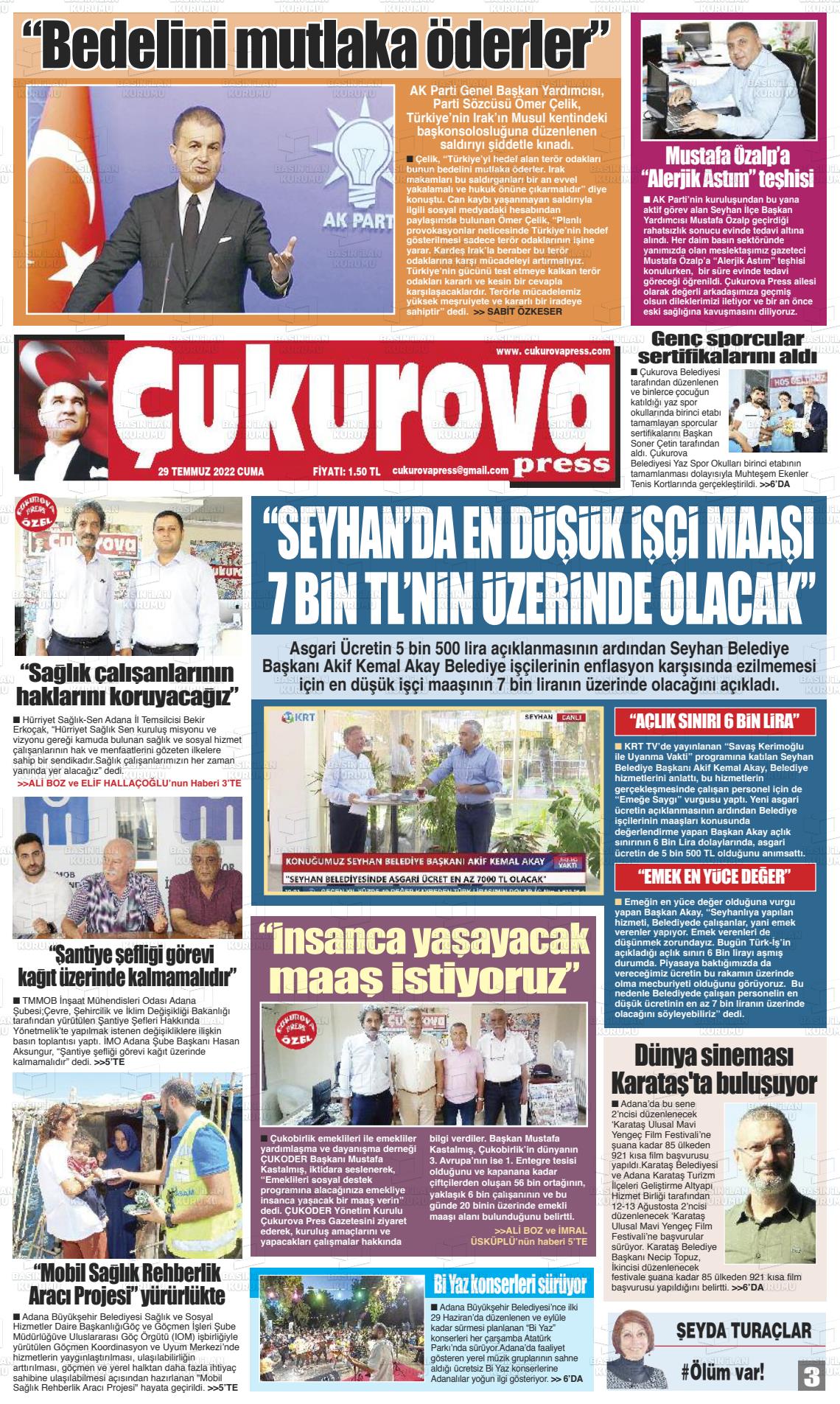 29 Temmuz 2022 Çukurova Press Gazete Manşeti