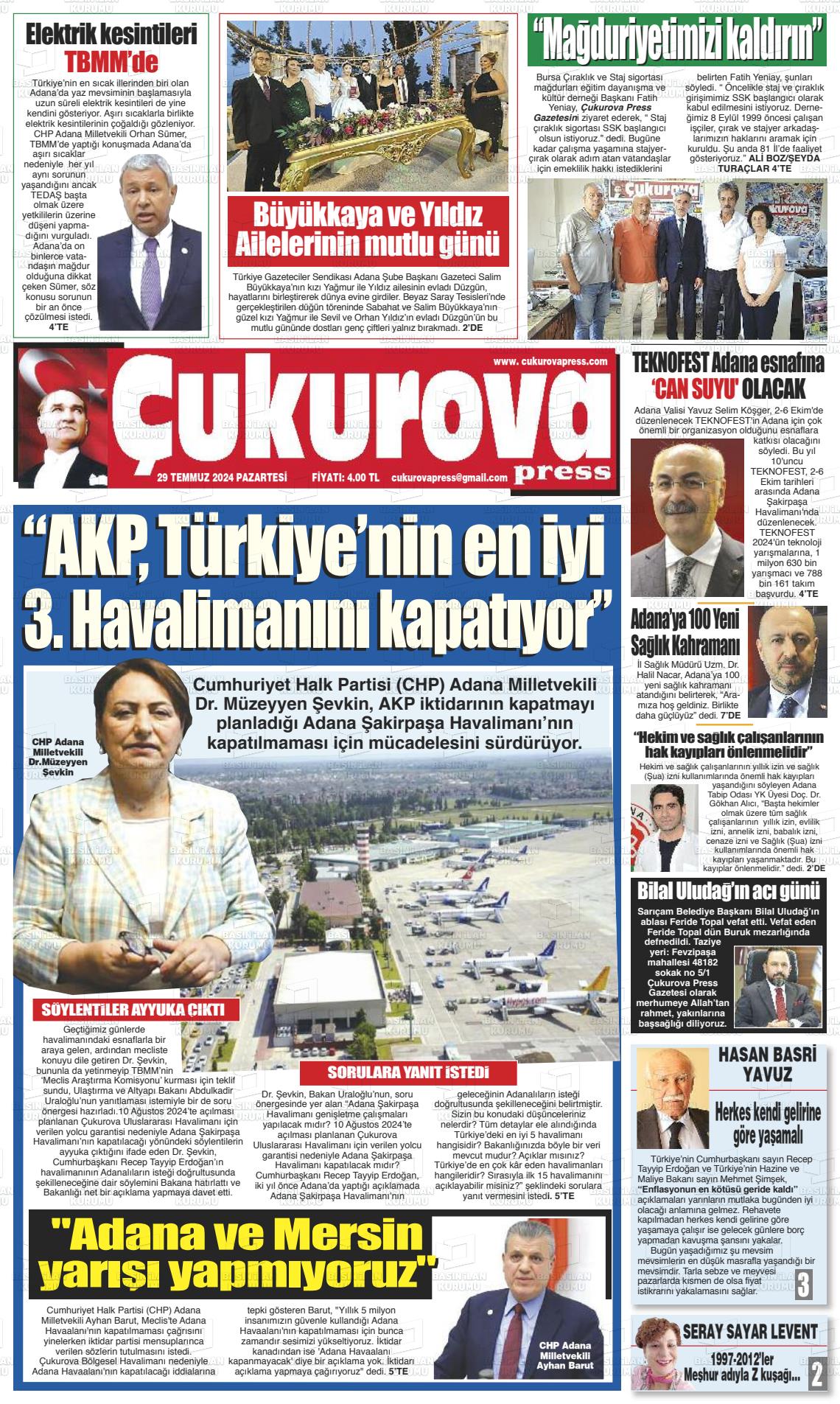 29 Temmuz 2024 Çukurova Press Gazete Manşeti