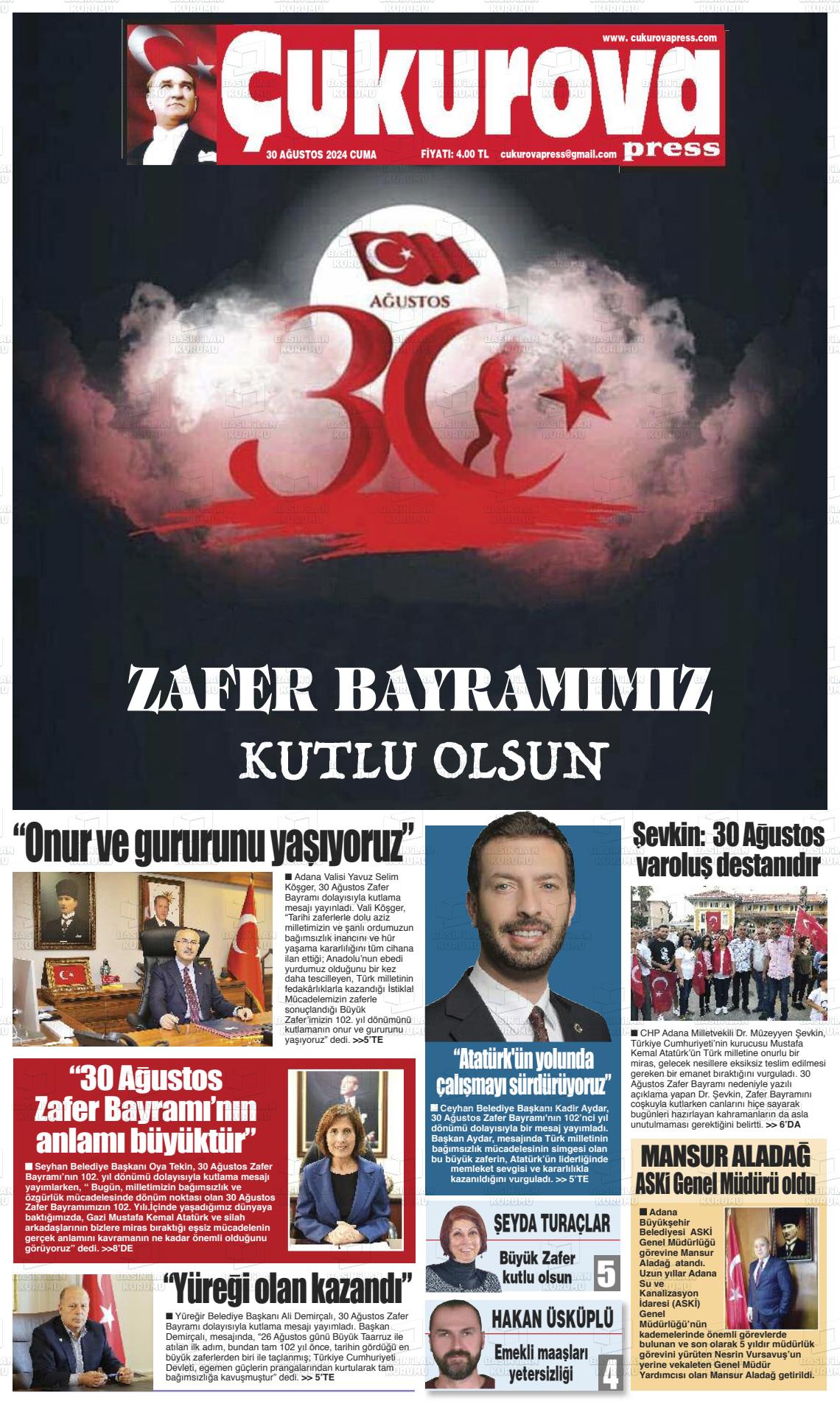 30 Ağustos 2024 Çukurova Press Gazete Manşeti