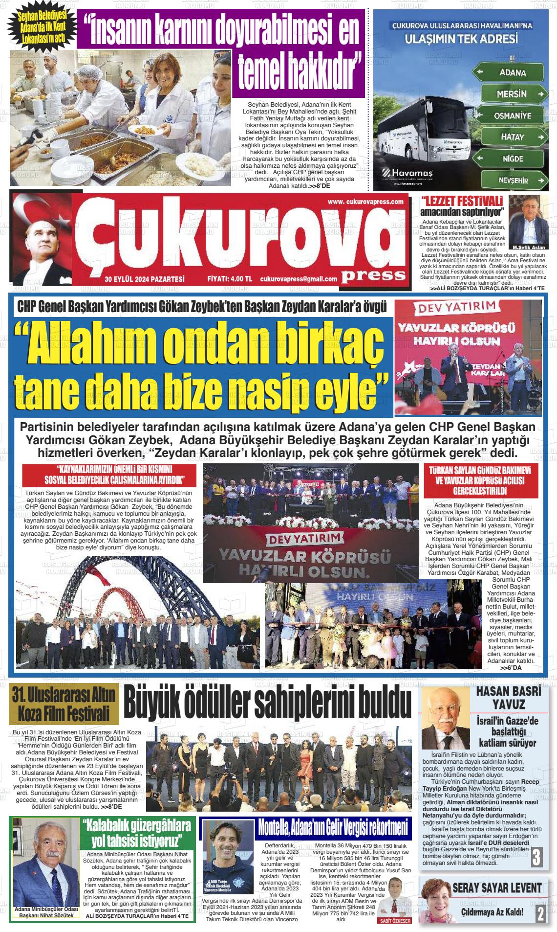 30 Eylül 2024 Çukurova Press Gazete Manşeti