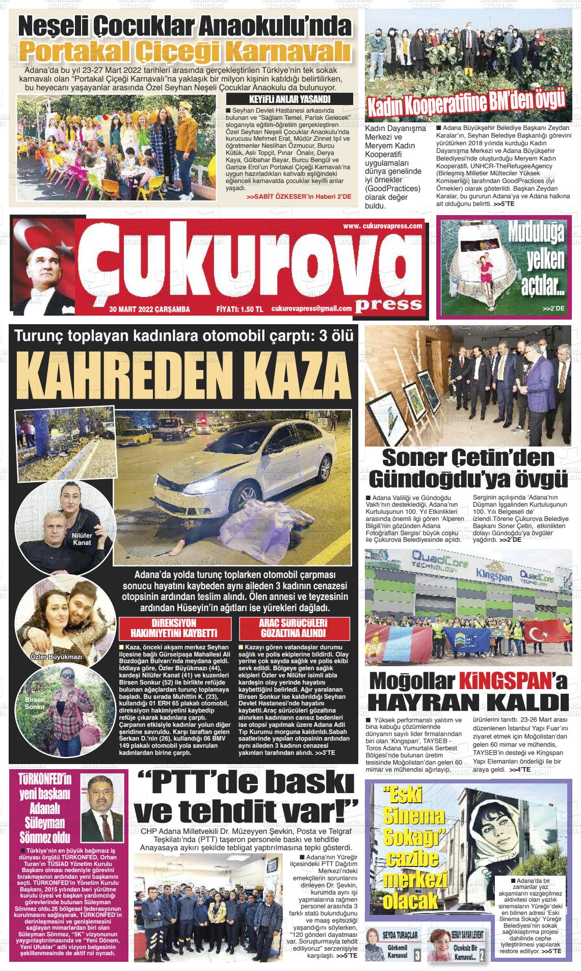 30 Mart 2022 Çukurova Press Gazete Manşeti